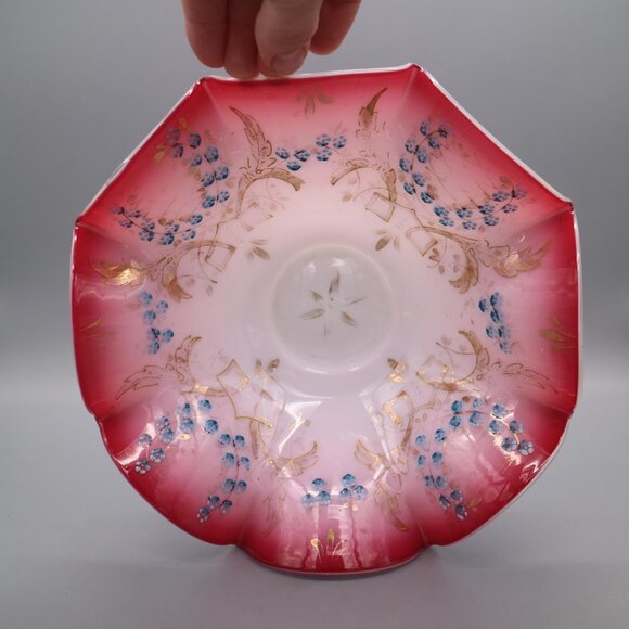 Antique Victorian Brides Basket Bowl Cranberry Pink White Cased Glass w/ Ruffles - Picture 3 of 8